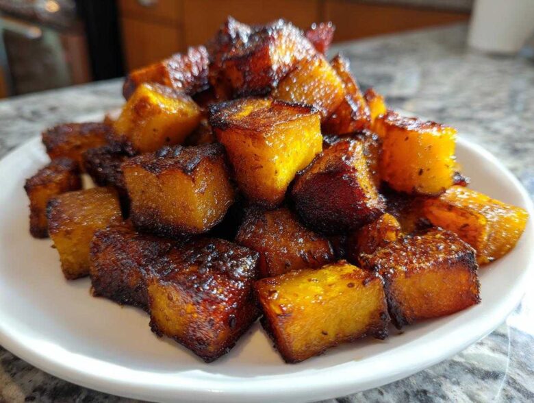 A close-up of perfectly caramelized and browned roasted butternut squash cubes piled high on a white plate.