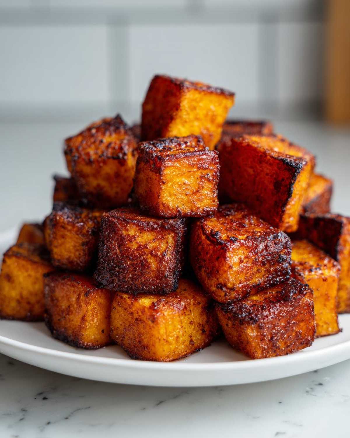 A tall stack of caramelized, perfectly roasted butternut squash cubes piled high on a white plate.