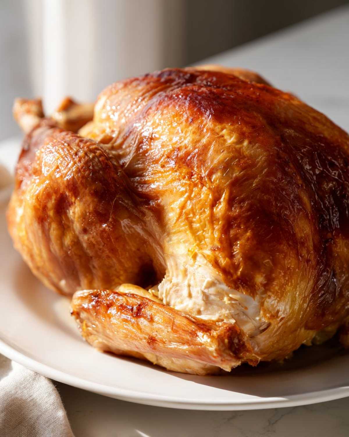 Close-up of a perfectly roasted turkey with golden brown, crispy skin, ready to serve after using the turkey brine.