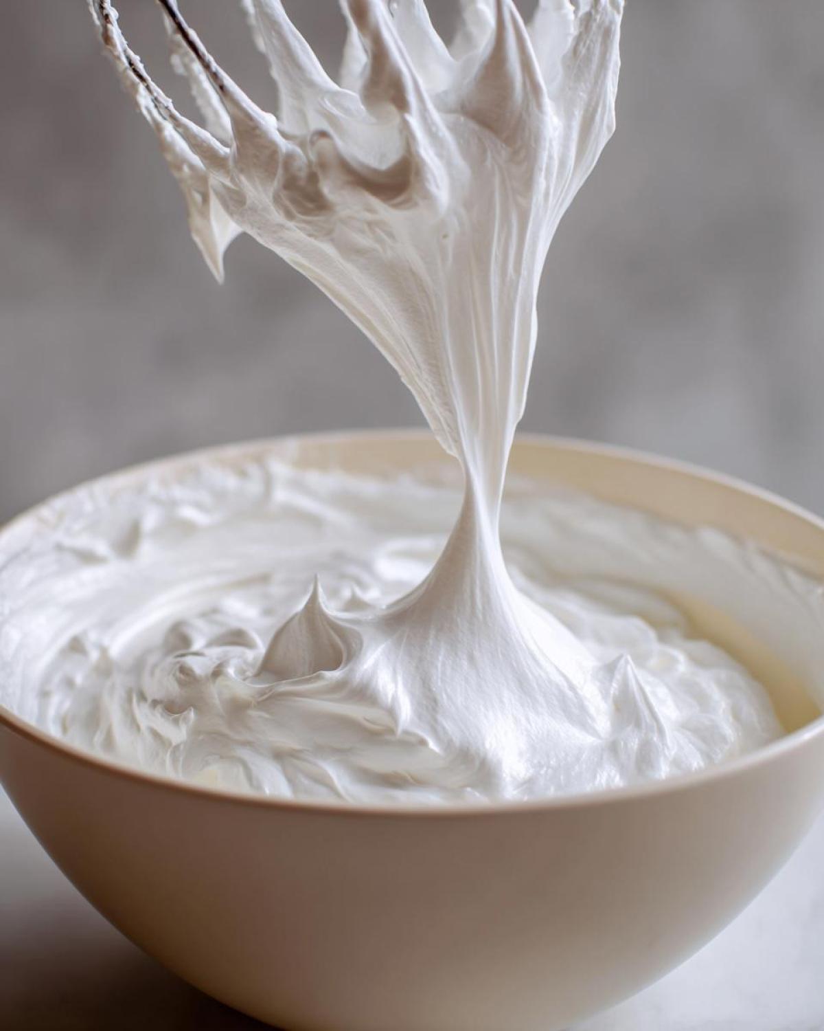 Close-up of thick, glossy royal icing recipe mixture dripping from a wire whisk into a mixing bowl.