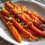 Close-up of bright orange Savory Parmesan Garlic Roasted Carrots topped with crunchy garlic and cheese.