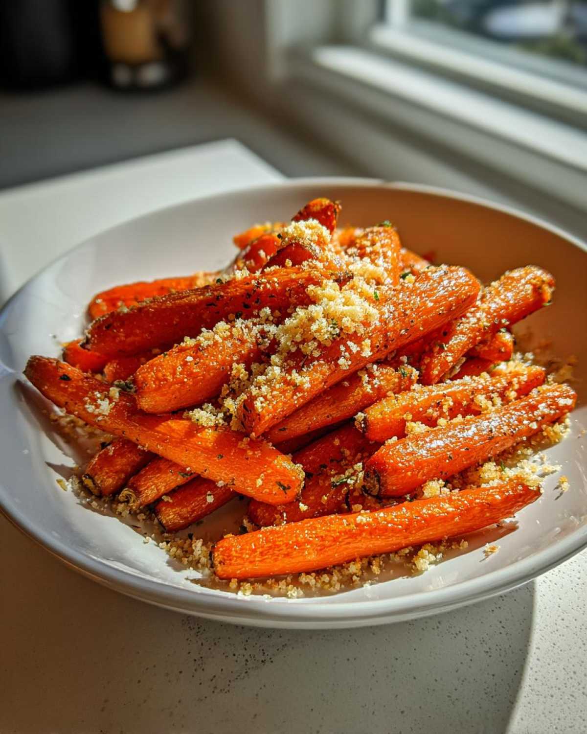 A close-up of bright orange Savory Parmesan Garlic Roasted Carrots piled high in a white bowl, topped with grated cheese.