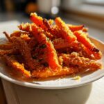 A pile of bright orange Savory Parmesan Garlic Roasted Carrots coated in cheese and herbs on a white plate.