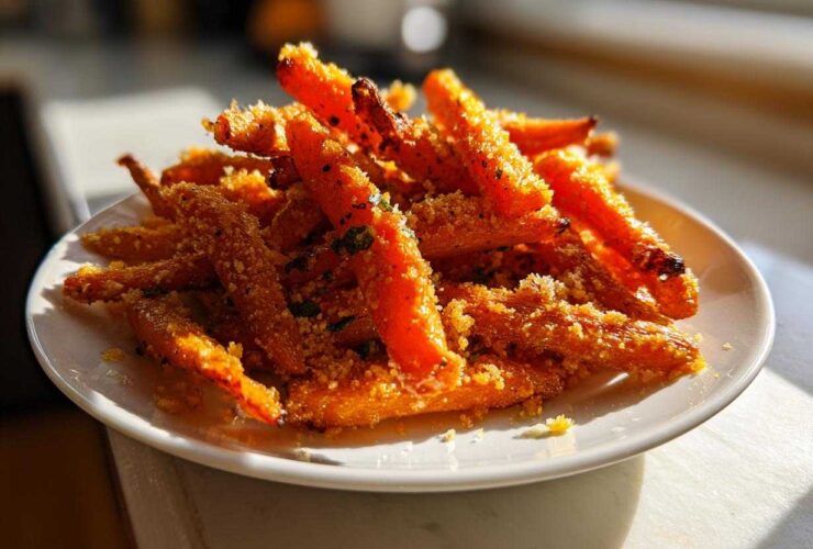 A pile of bright orange Savory Parmesan Garlic Roasted Carrots coated in cheese and herbs on a white plate.