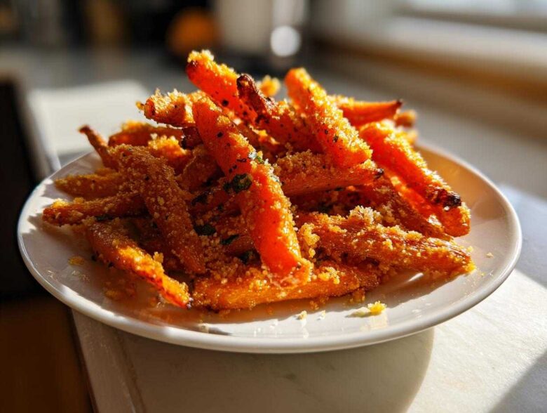 A pile of bright orange Savory Parmesan Garlic Roasted Carrots coated in cheese and herbs on a white plate.
