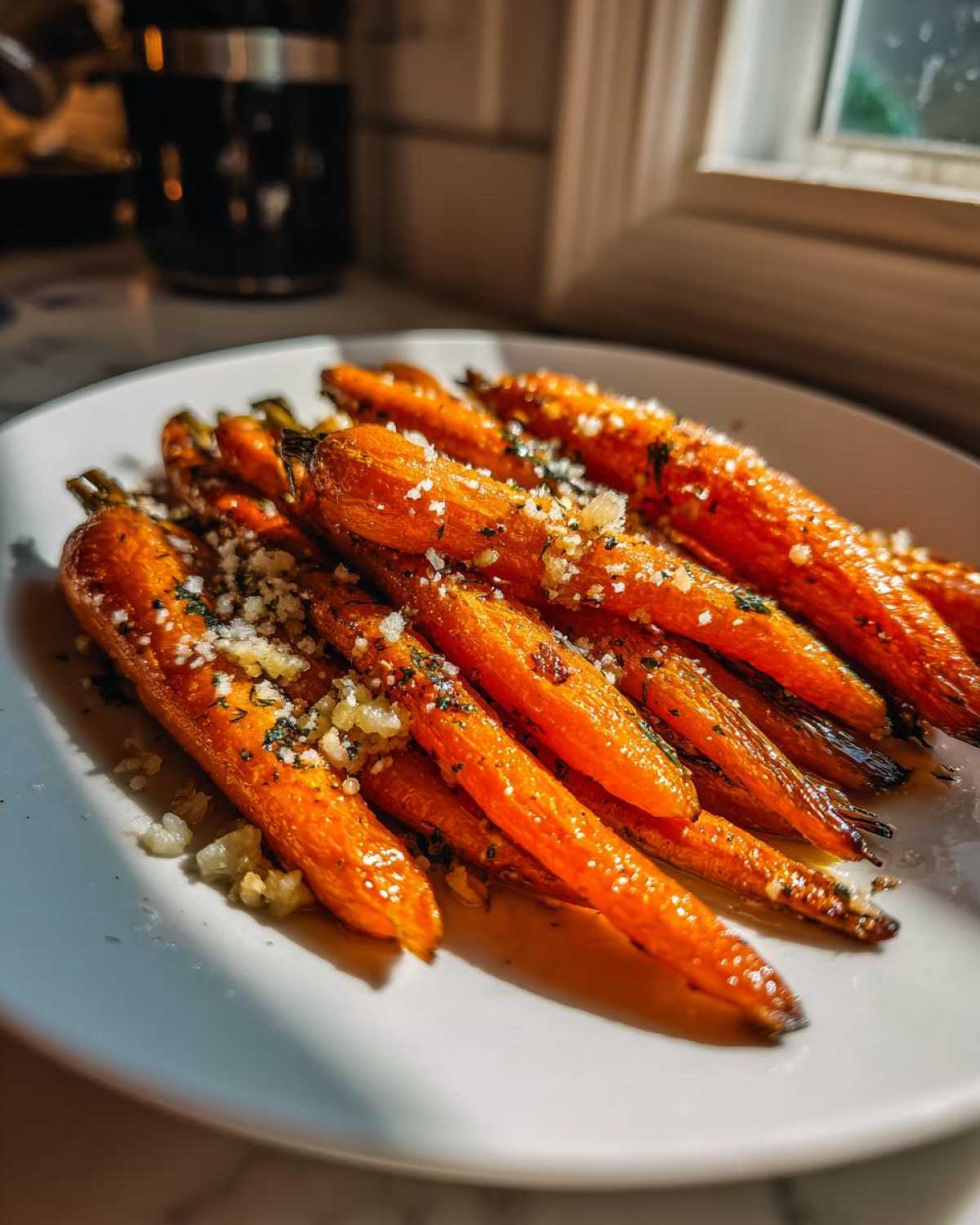 A close-up of bright orange Savory Parmesan Garlic Roasted Carrots piled on a white plate, glistening with seasoning.