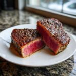 Two halves of a perfectly seared tuna steak, showing a bright red, rare center and a dark, seasoned crust.