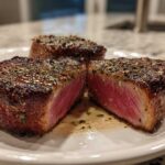 Close-up of three perfectly seared tuna steak portions, showing a deep pink, medium-rare center and a flavorful herb crust.