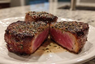 Close-up of three perfectly seared tuna steak portions, showing a deep pink, medium-rare center and a flavorful herb crust.