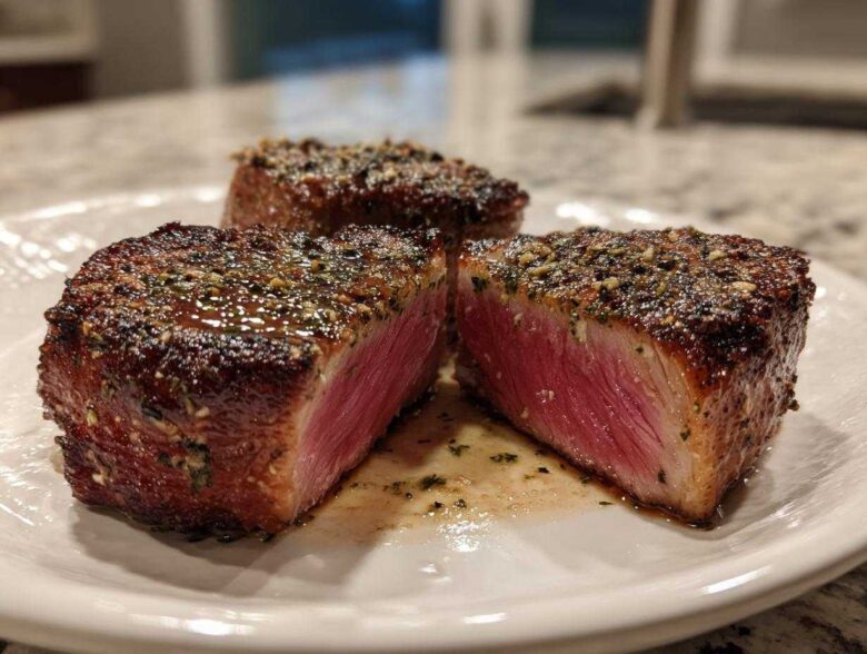 Close-up of three perfectly seared tuna steak portions, showing a deep pink, medium-rare center and a flavorful herb crust.