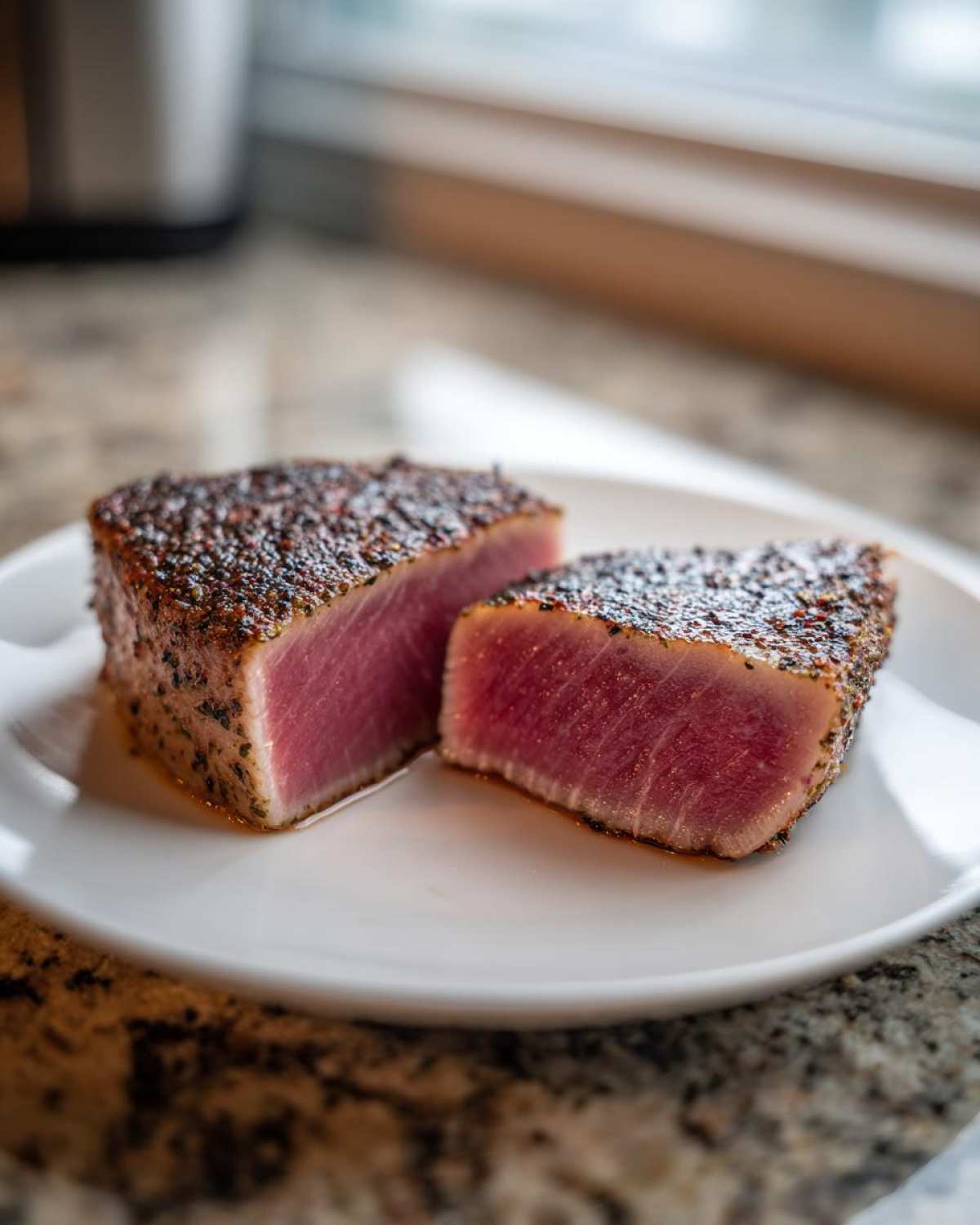A perfectly seared tuna steak, crusted with spices, cut in half to show the rare, pink interior.