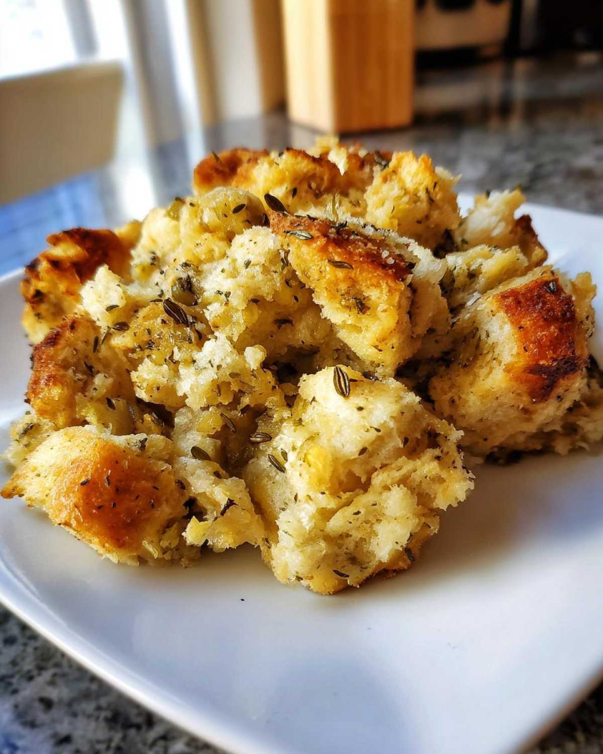 Close-up of a serving of moist and herby crock pot stuffing on a white plate.