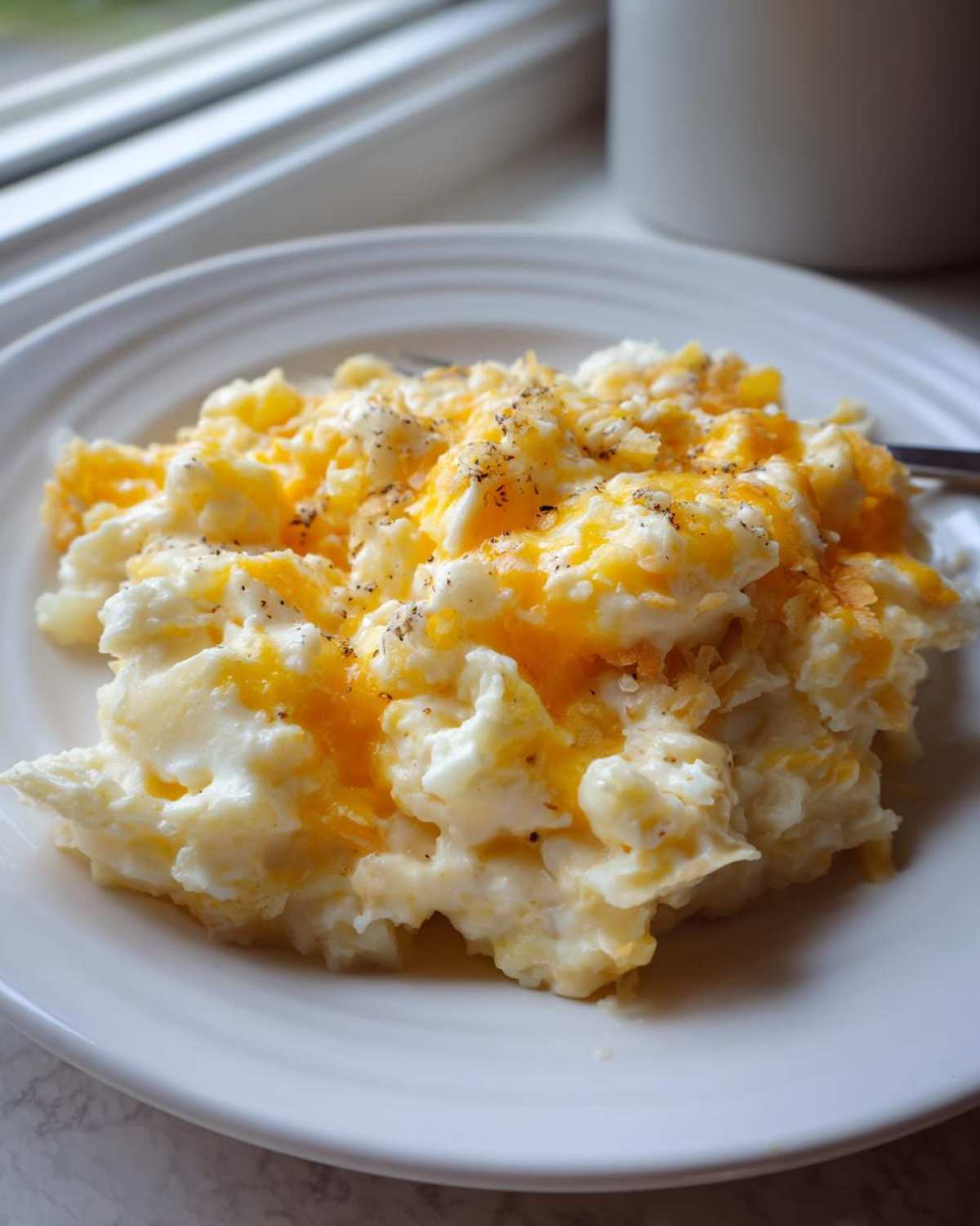 A close-up of a serving of creamy crockpot cheesy potatoes topped with melted cheddar cheese and black pepper.