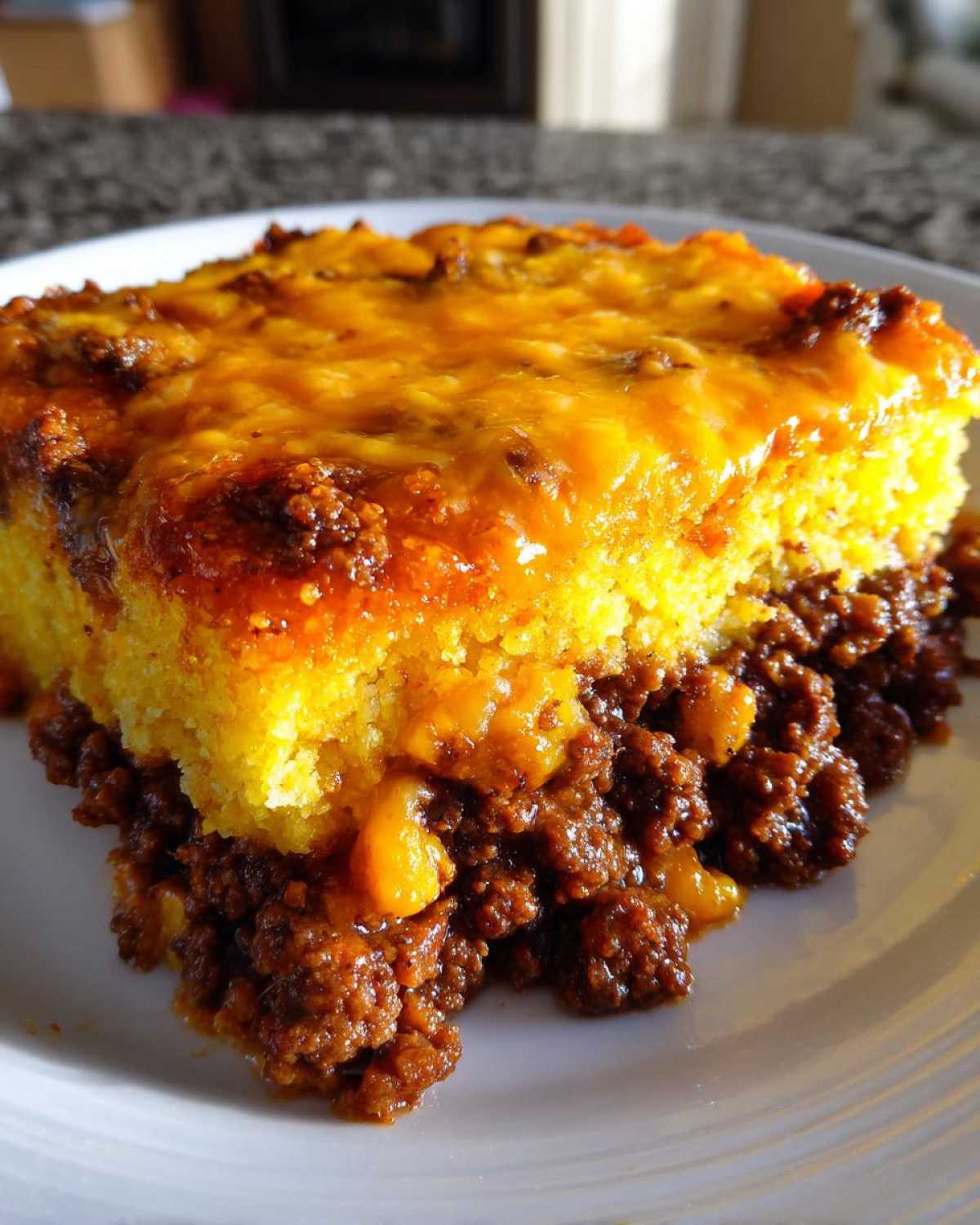 A close-up of a square serving of tamale pie showing a thick layer of seasoned ground meat filling topped with bright yellow cornbread and melted cheddar cheese.