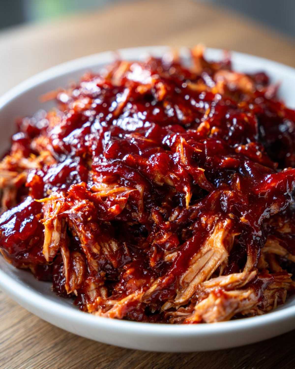 Close-up of tender shredded chicken smothered in rich, dark BBQ chicken sauce in a white bowl.