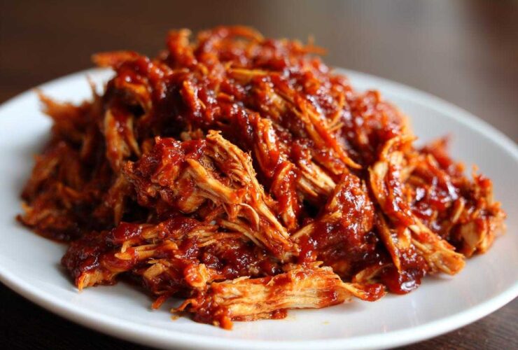 Close-up of tender, shredded bbq chicken coated generously in rich, dark red barbecue sauce, served on a white plate.