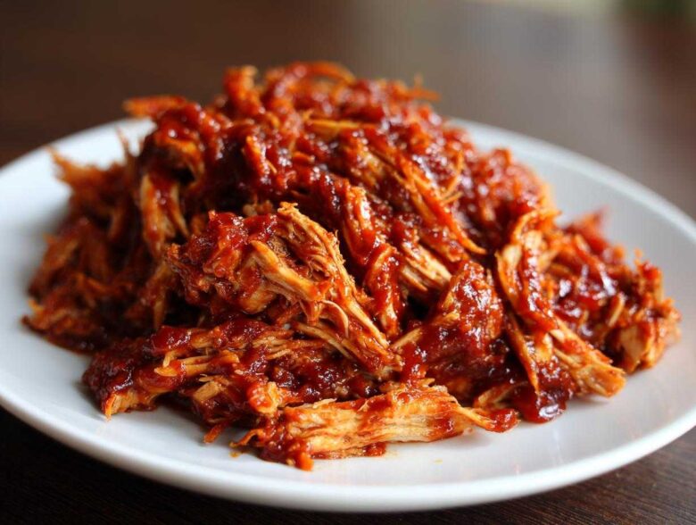 Close-up of tender, shredded bbq chicken coated generously in rich, dark red barbecue sauce, served on a white plate.