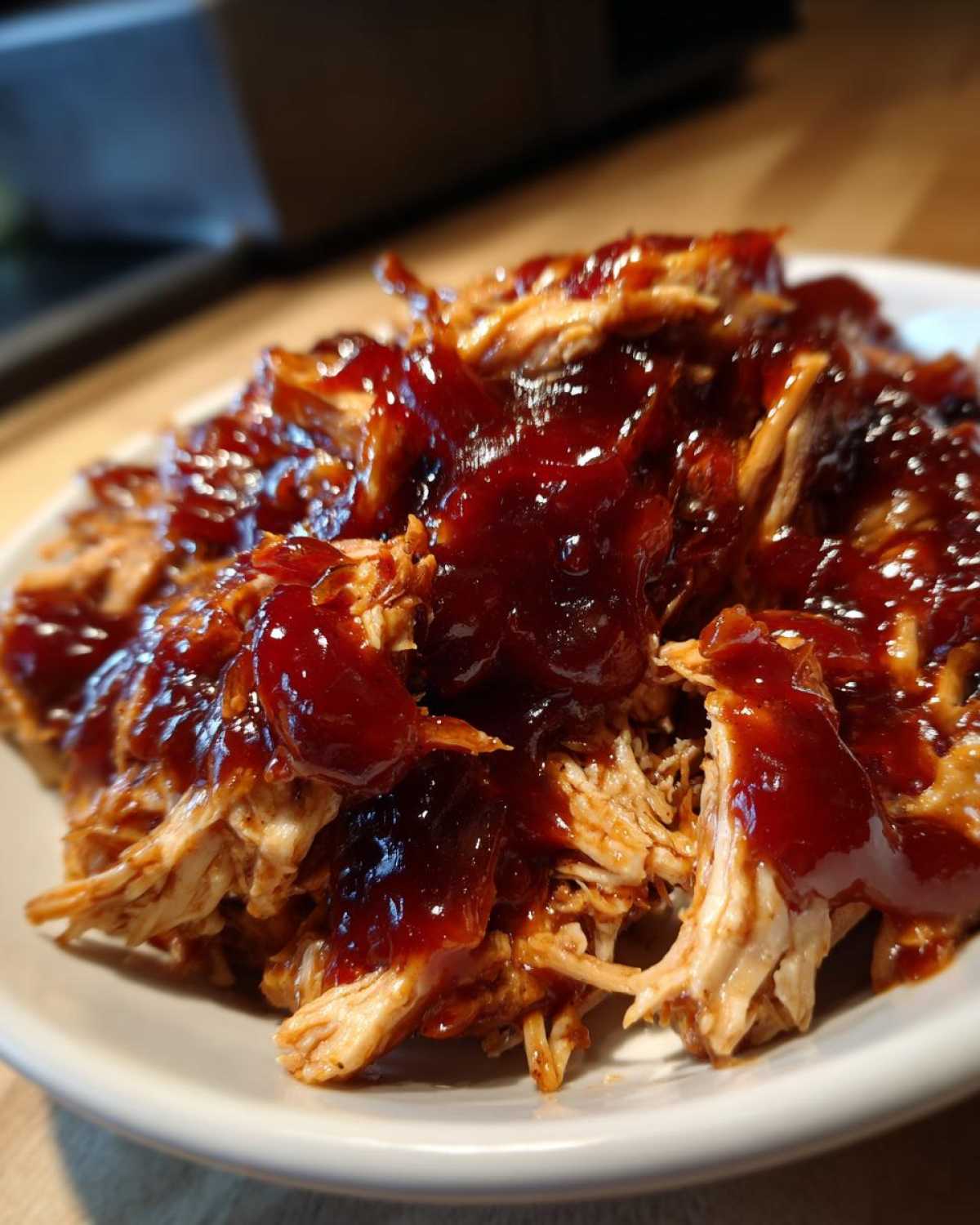 Close-up of shredded bbq chicken generously coated in thick, glossy barbecue sauce on a white plate.
