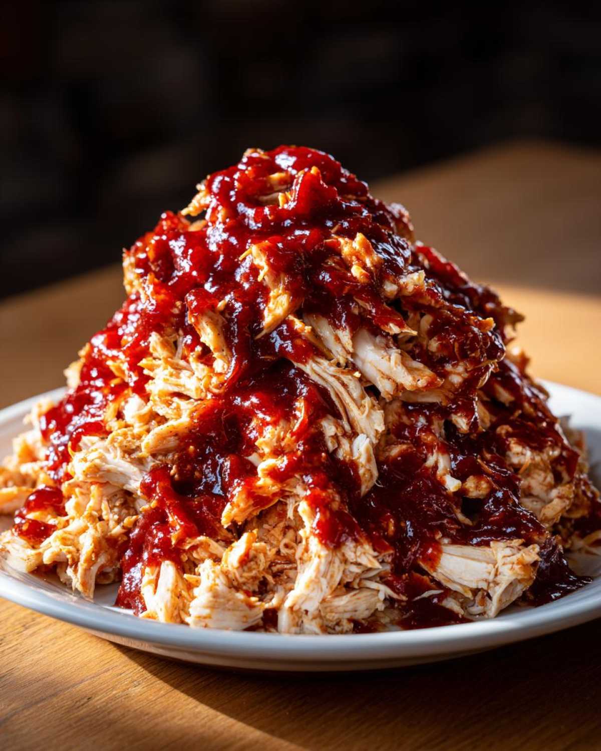 A large mound of shredded bbq chicken heavily drizzled with rich, dark barbecue sauce on a white plate.