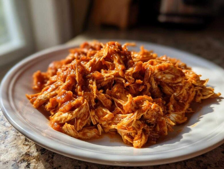 A close-up of shredded chicken tinga, coated in a vibrant orange-red sauce, served on a white plate.