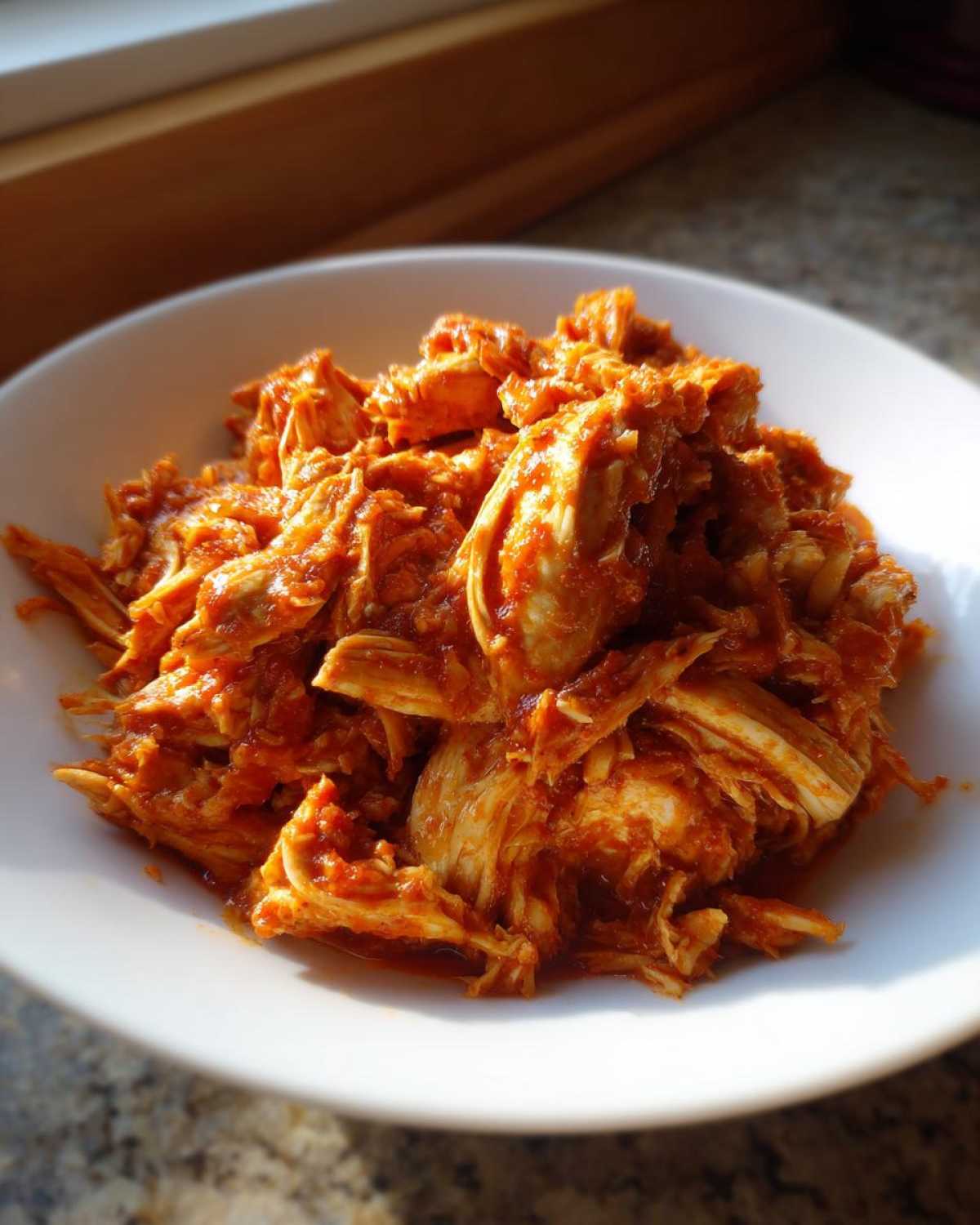 Close-up of shredded chicken tinga coated in a rich, red, smoky sauce, served in a white bowl.