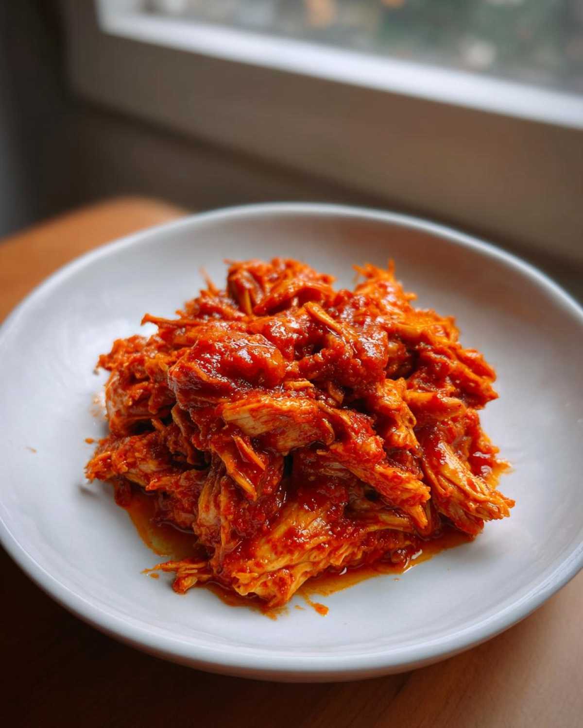 A close-up of shredded chicken tinga coated in a vibrant, rich red, smoky sauce, served in a white bowl.