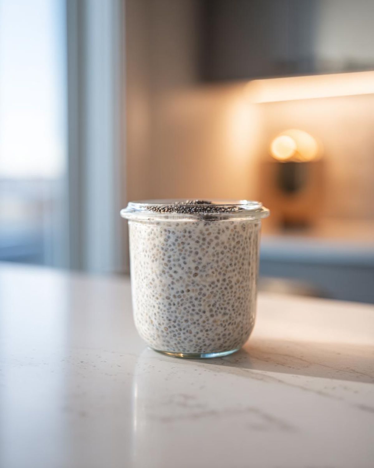 A glass jar filled with creamy chia seed pudding sitting on a bright countertop.