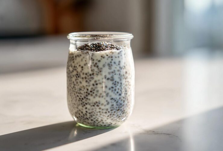 A single serving of creamy chia seed pudding prepared in a small glass jar, sitting on a bright countertop.