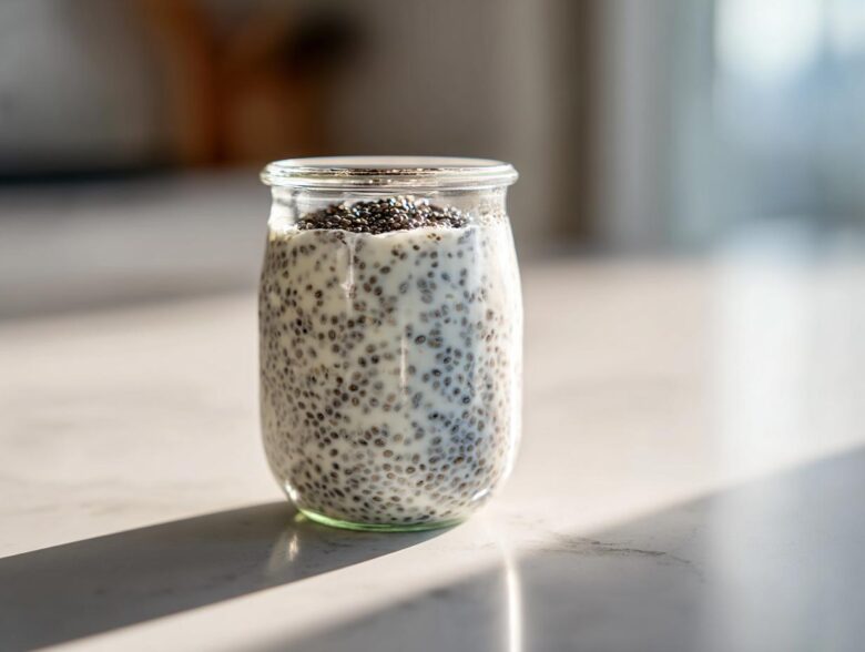 A single serving of creamy chia seed pudding prepared in a small glass jar, sitting on a bright countertop.