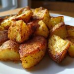 A close-up of golden brown, crispy Simple Irish Roasted Potatoes seasoned with herbs on a white plate.