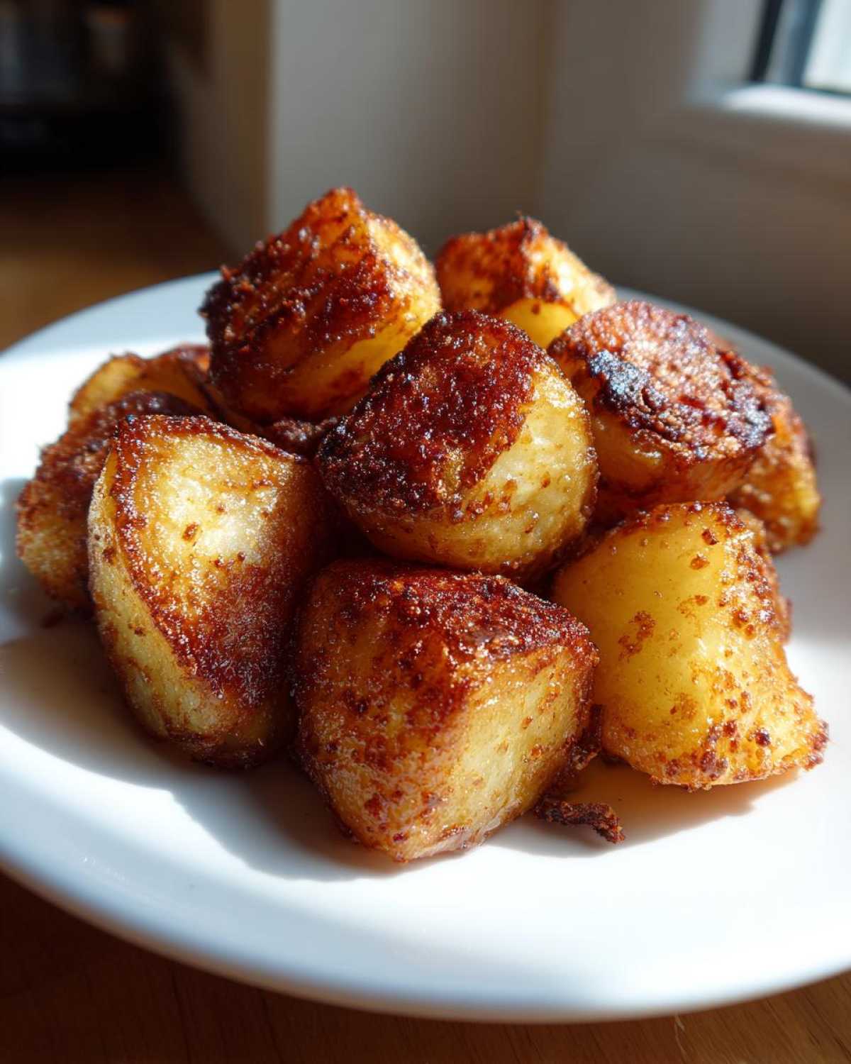 A close-up of perfectly crispy, golden brown Simple Irish Roasted Potatoes piled on a white plate.