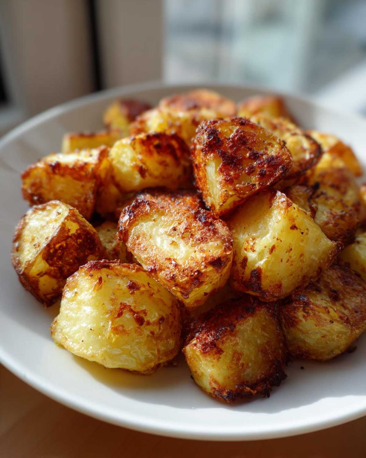 A close-up of perfectly cooked, crispy Simple Irish Roasted Potatoes piled high on a white serving dish.