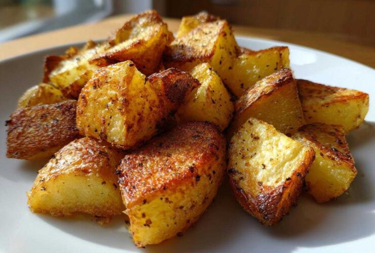 A close-up of golden brown, crispy Simple Irish Roasted Potatoes seasoned with herbs on a white plate.