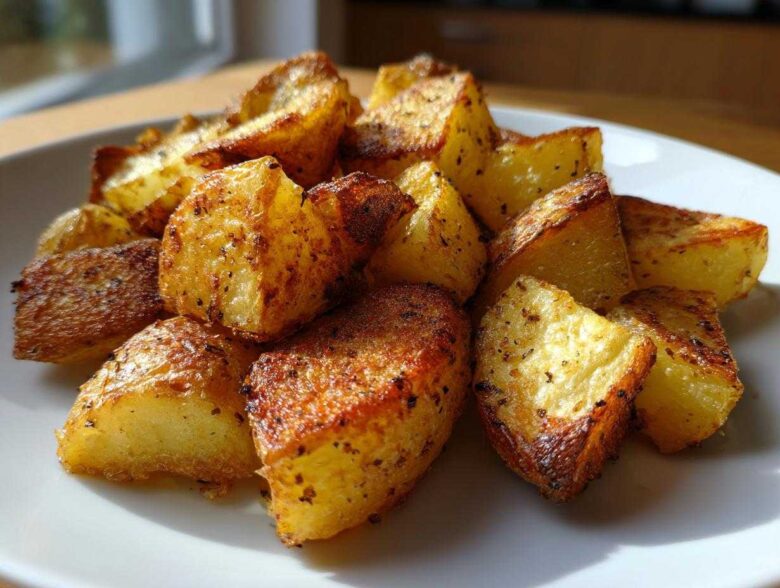 A close-up of golden brown, crispy Simple Irish Roasted Potatoes seasoned with herbs on a white plate.