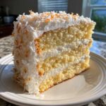A tall, moist slice of 3-layer coconut cake recipe covered in white frosting and toasted coconut flakes.