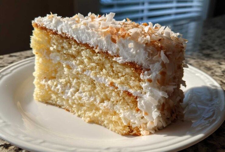 Close-up of a moist slice of 3 layer coconut cake recipe, topped with white frosting and toasted coconut flakes.