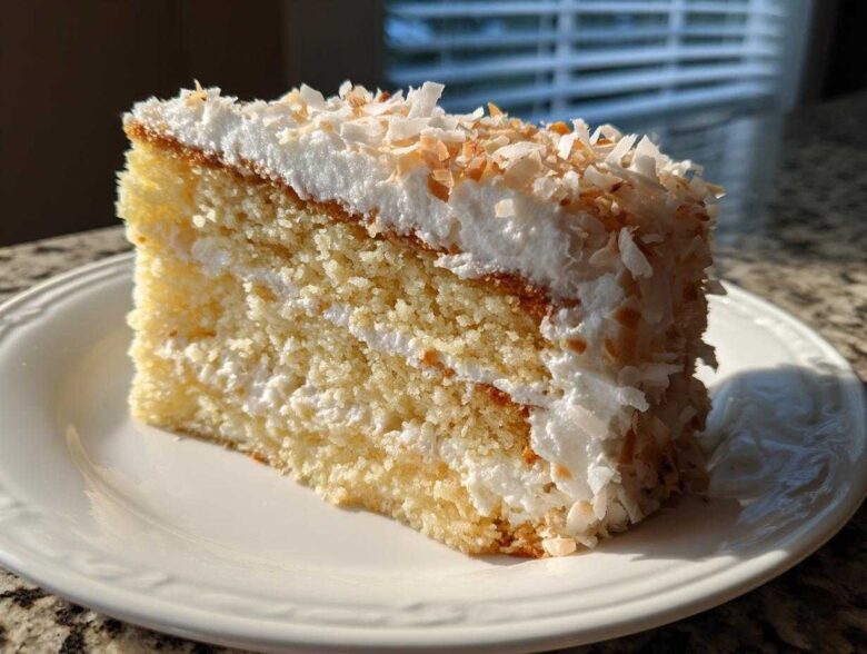 Close-up of a moist slice of 3 layer coconut cake recipe, topped with white frosting and toasted coconut flakes.