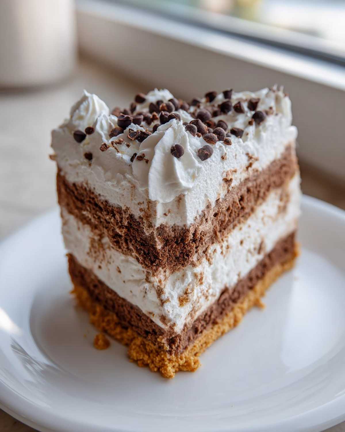 A tall slice of layered chocolate and vanilla ice cream cake with a graham cracker crust, topped with whipped cream and mini chocolate chips.