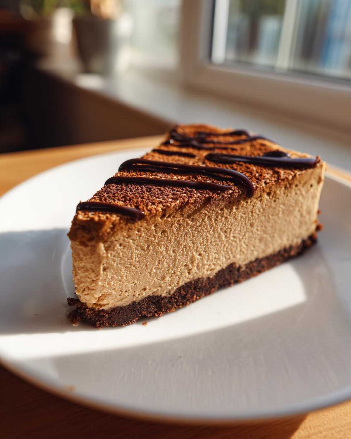 A perfect slice of creamy biscoff cheesecake with a dark crust, topped with chocolate drizzle and cocoa powder.