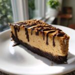 A perfect slice of creamy biscoff cheesecake with a dark chocolate crust, drizzled with chocolate sauce and topped with crumbs.