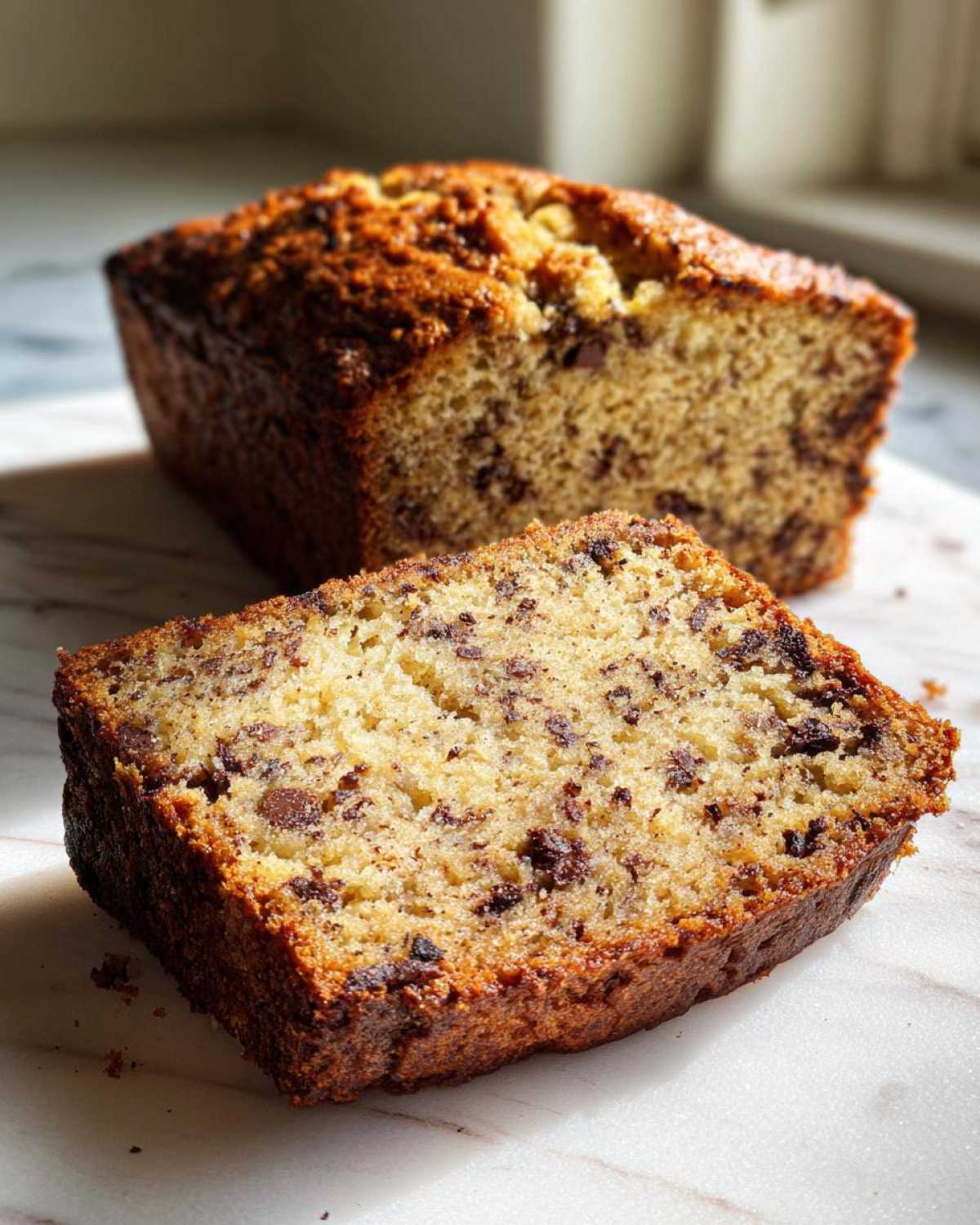 A close-up view of a slice of moist vegan banana bread studded with chocolate chips, with the rest of the loaf behind it.