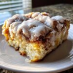 A close-up of a soft, square slice of cinnamon roll casserole topped generously with white icing.