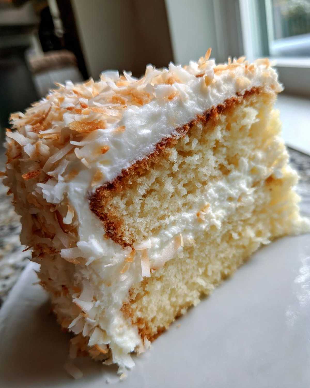 Close-up of a moist slice of coconut cake with white frosting and toasted coconut flakes on top.
