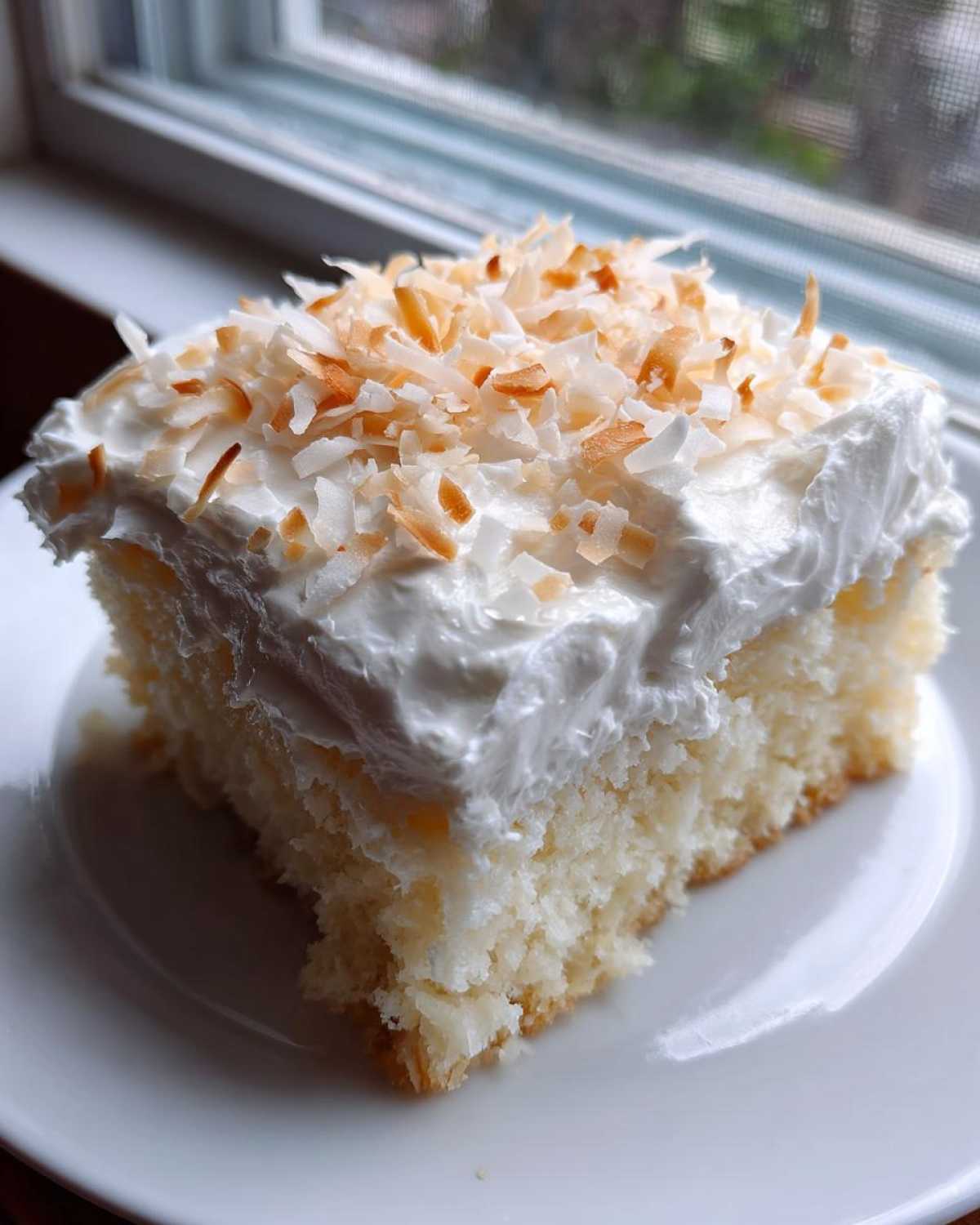A moist slice of coconut poke cake topped with white frosting and toasted coconut flakes.