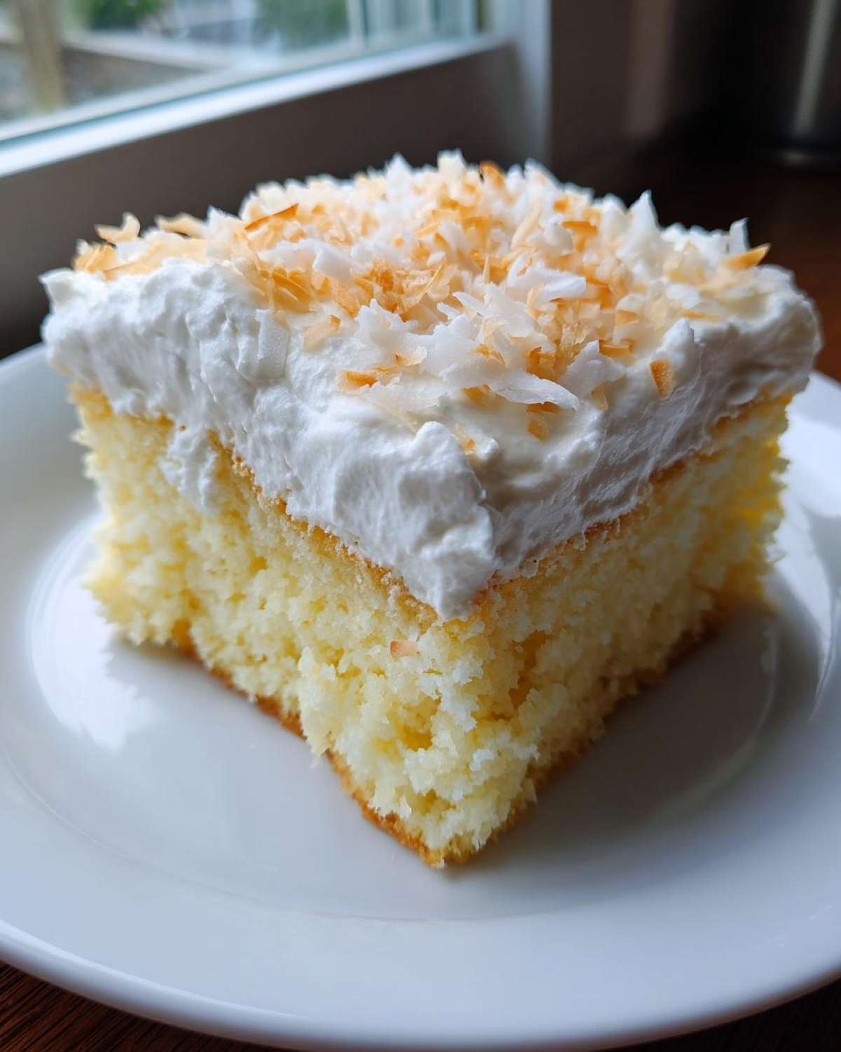 A moist slice of coconut poke cake topped with thick white frosting and toasted coconut flakes.