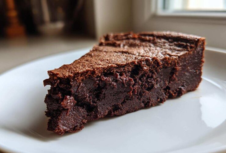 Close-up of a dense, fudgy slice of flourless chocolate cake with a slightly cracked top, served on a white plate.