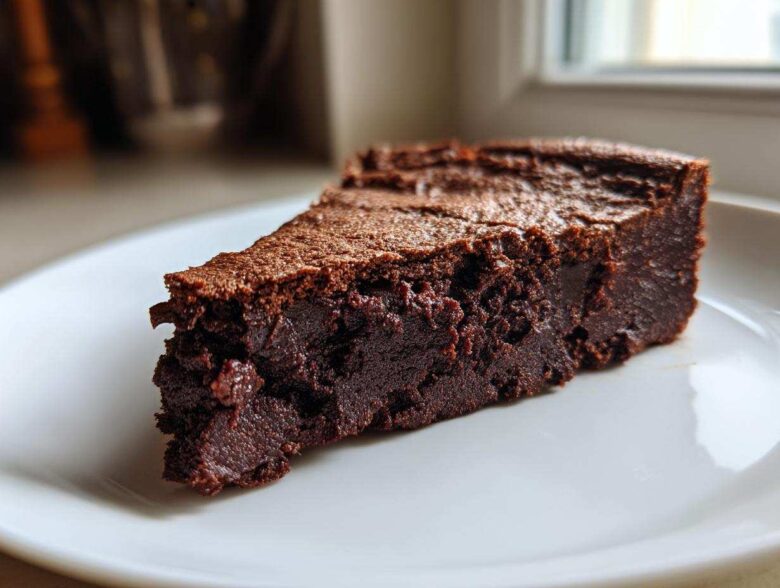 Close-up of a dense, fudgy slice of flourless chocolate cake with a slightly cracked top, served on a white plate.