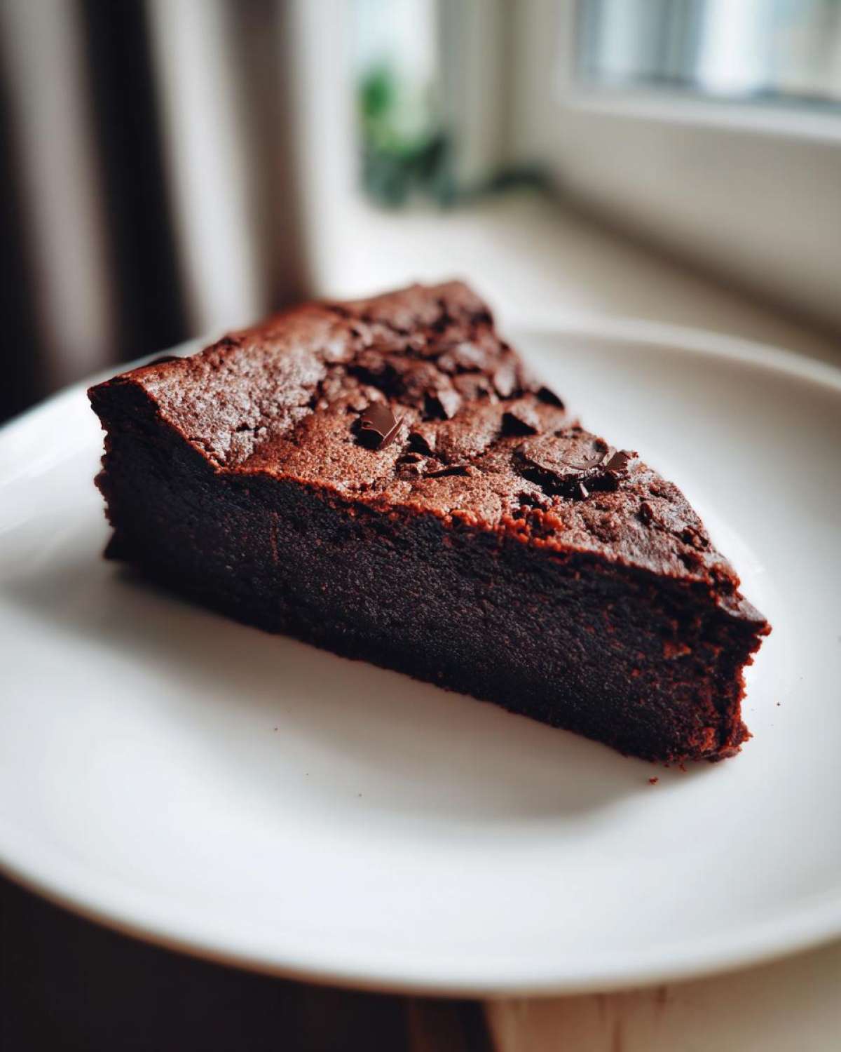 A dense, dark slice of flourless chocolate cake topped with chocolate chips, served on a white plate.