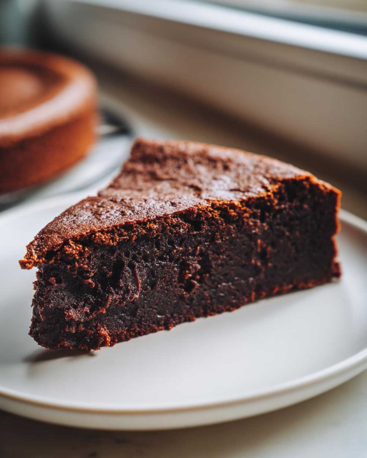 A close-up of a dense, fudgy slice of flourless chocolate cake served on a white plate.