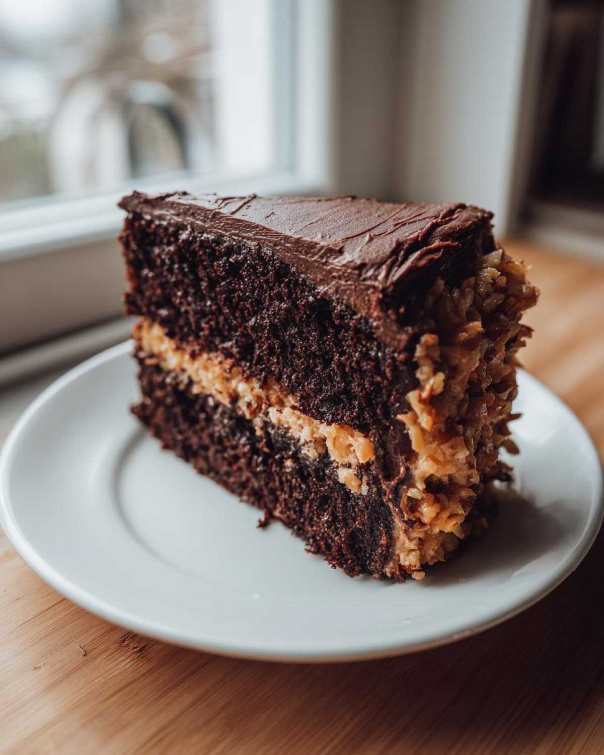 A decadent slice of german chocolate cake featuring dark layers, coconut pecan filling, and chocolate frosting.